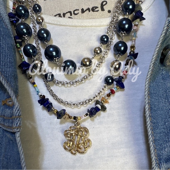 Blue and Silver Layered Necklace with Ornate Pendant lapis coral